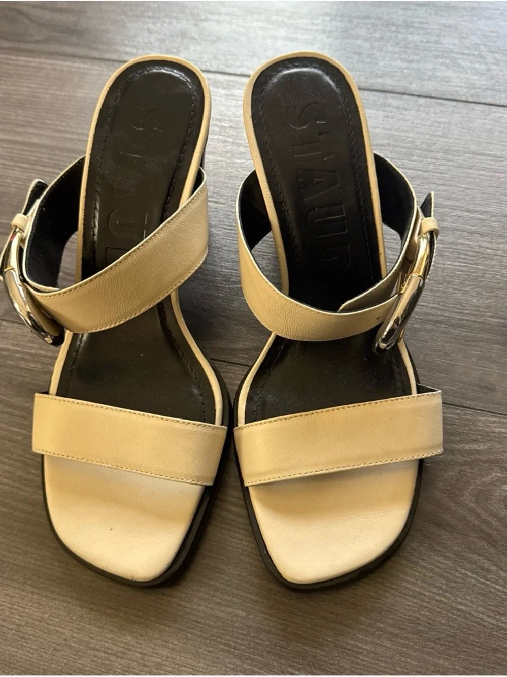 Cream Block-Heel Sandals with Buckle Strap